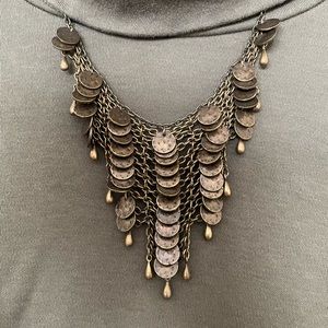 Bib hammered disc tiered, vertical, drop women’s necklace